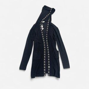Gothic black hooded open front cardigan with metallic grommets S/M